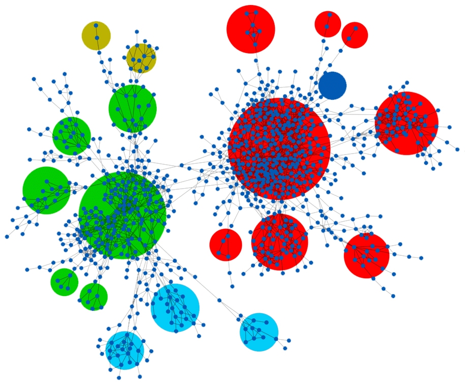 The photo shows enzymes (blue spots) interconnected with lines; similar enzymes are shown in groups, subgroups are marked with coloured circles.