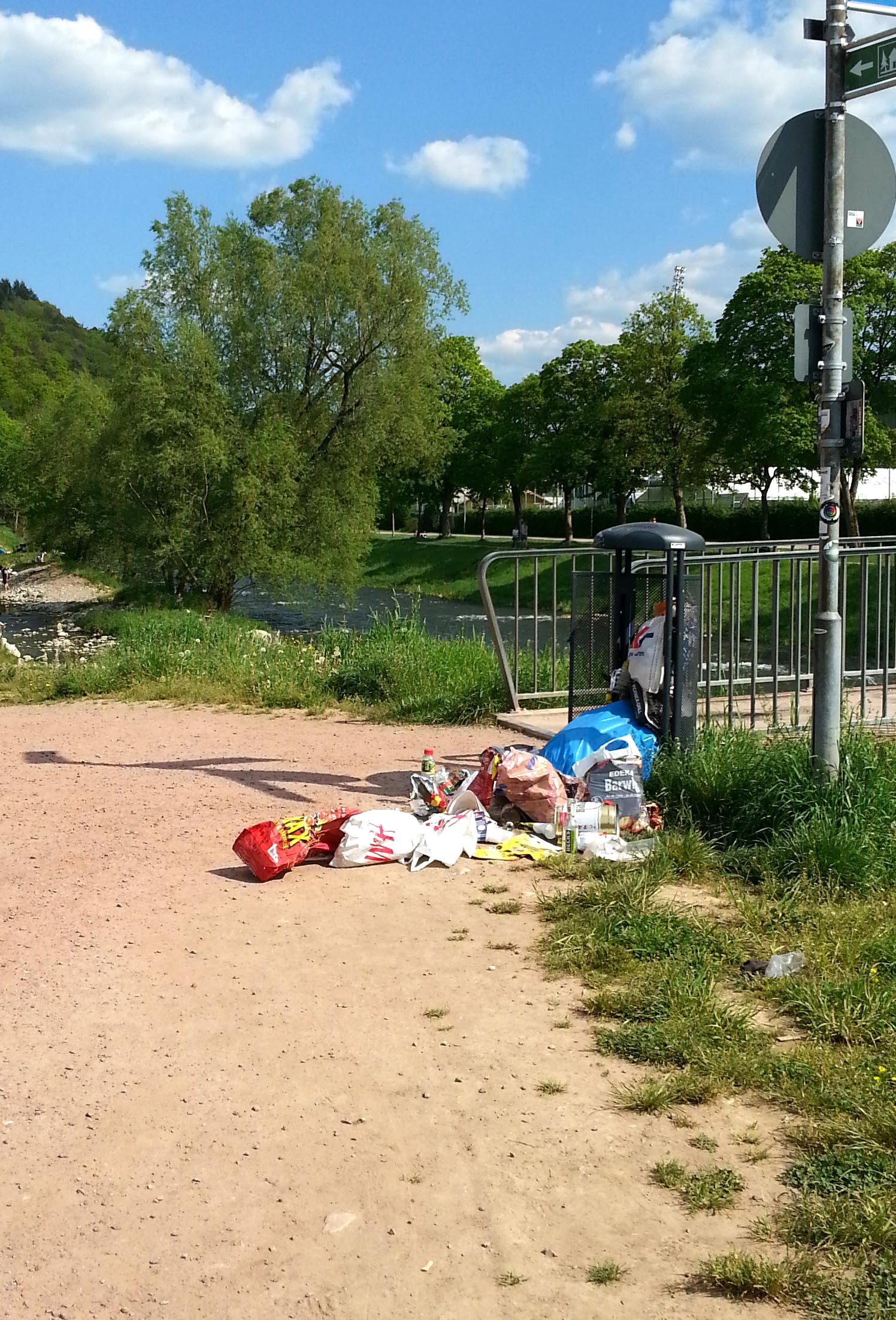 Zu sehen ist ein Mülleimer in der Natur, neben dem jede Menge Plastikmüll liegt.